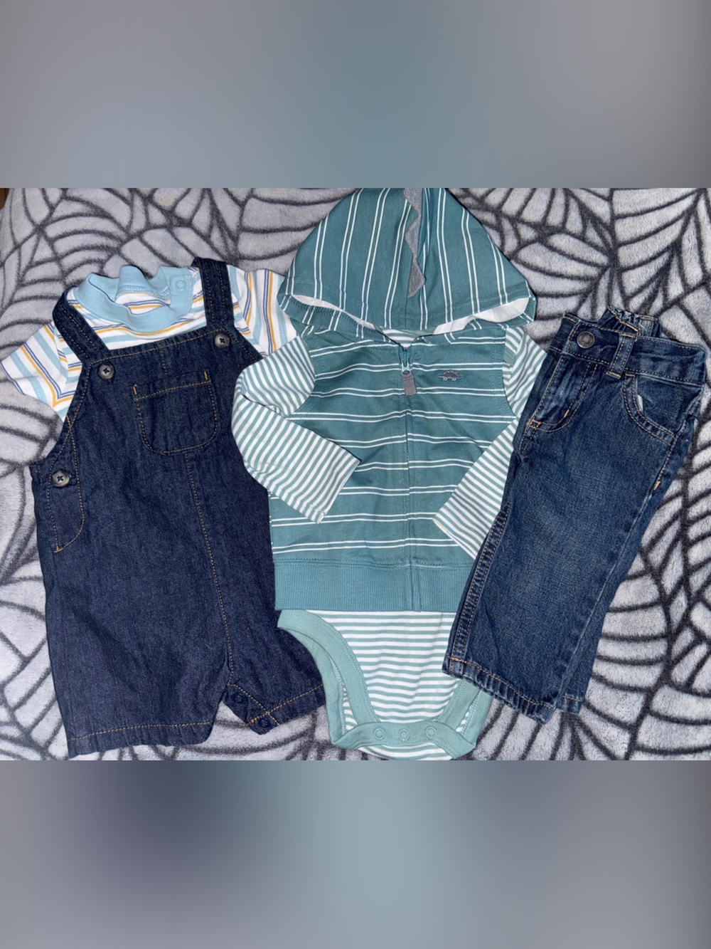 NWT Baby Denim Romper + Dino Hoodie Zip-Up + Jeans, Size 6-9 Months